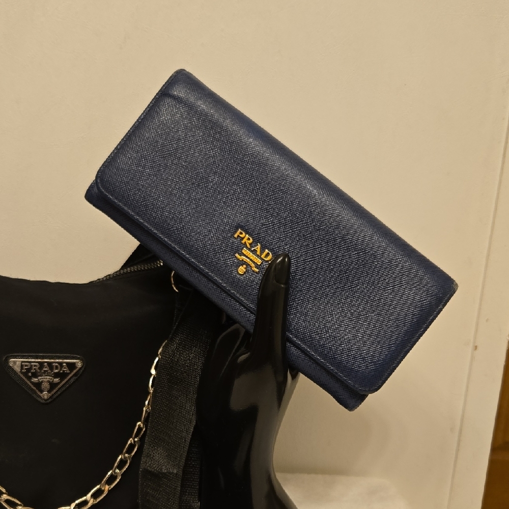 Prada Vintage Saffiano Leather Navy Blue Long Wallet